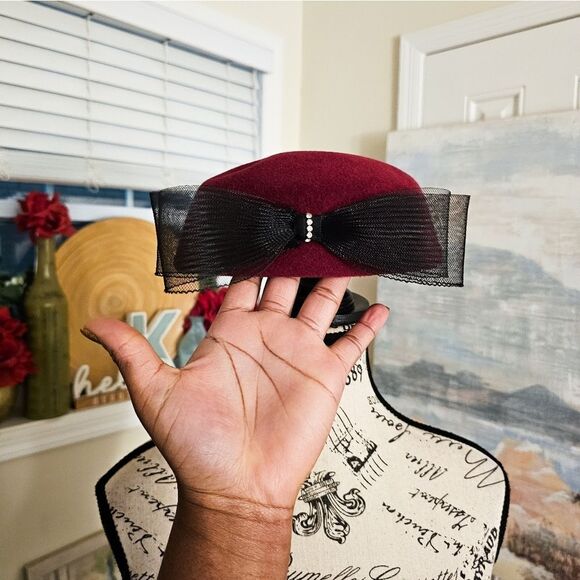 VTG Retro Wool Felt Mesh Bow Accent Pillbox Stylish Beret Hat. - Picture 10 of 15